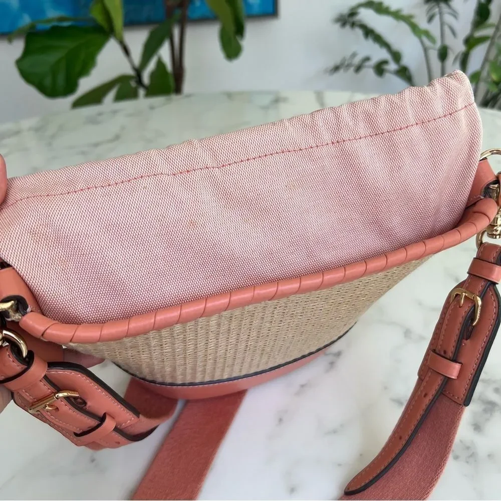 COACH Woven Straw Bucket Bag Crossbody F72707 Natural Light Coral Leather Gold